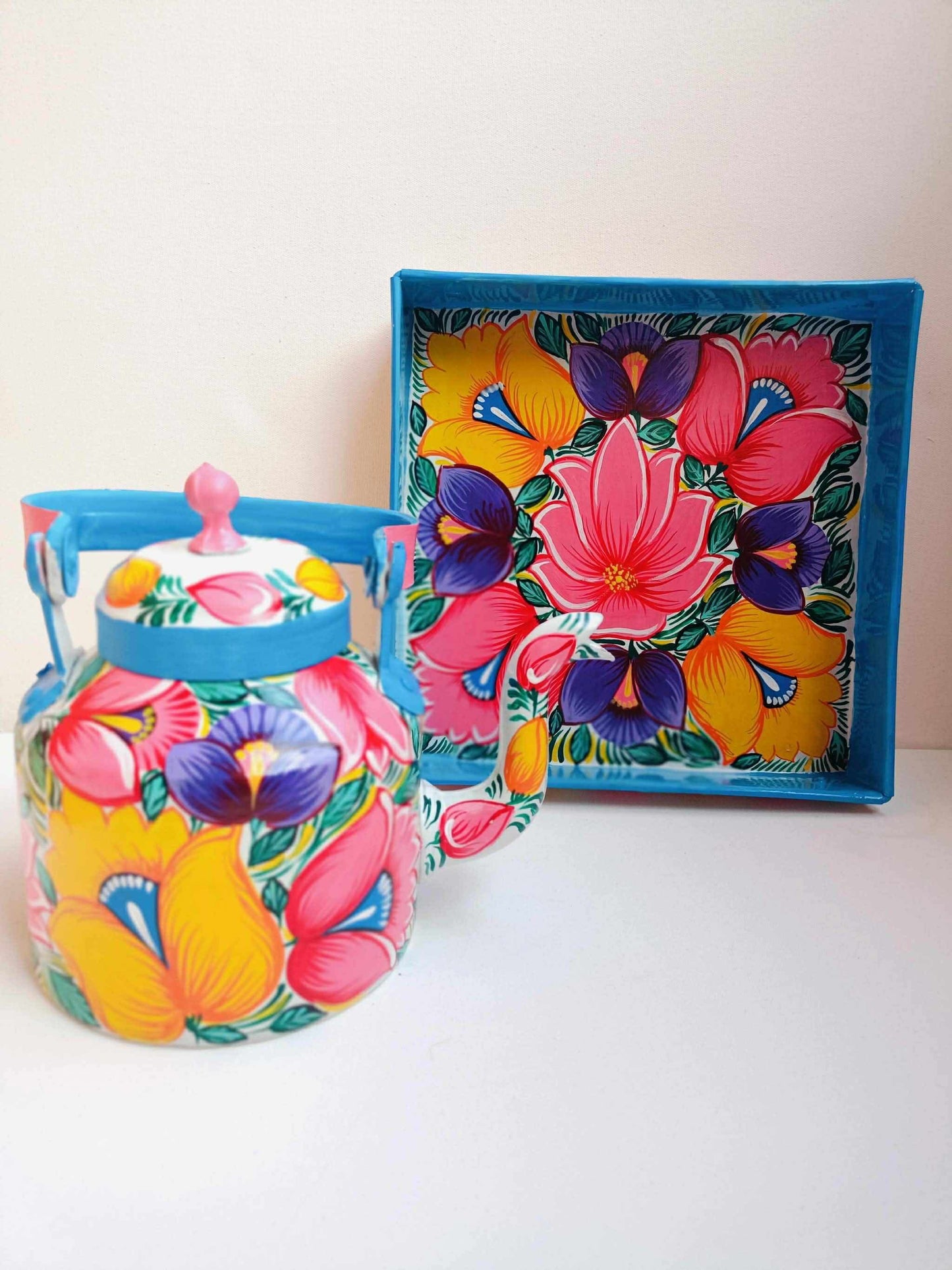 Chai Lover - Rickshaw HandPaint Steel Kettle with Tray Set V1