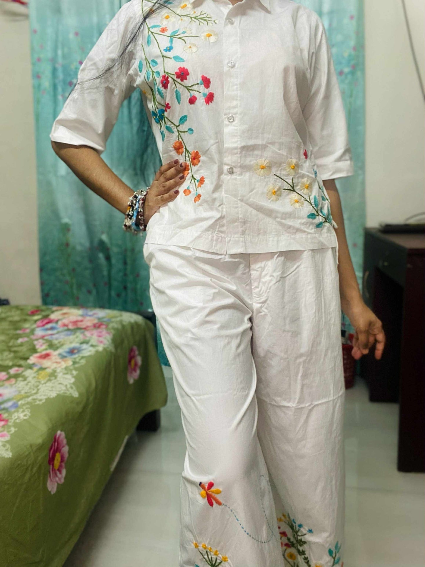 Alpona - Pure Cotton Hand Embroider Wide - Leg Pants