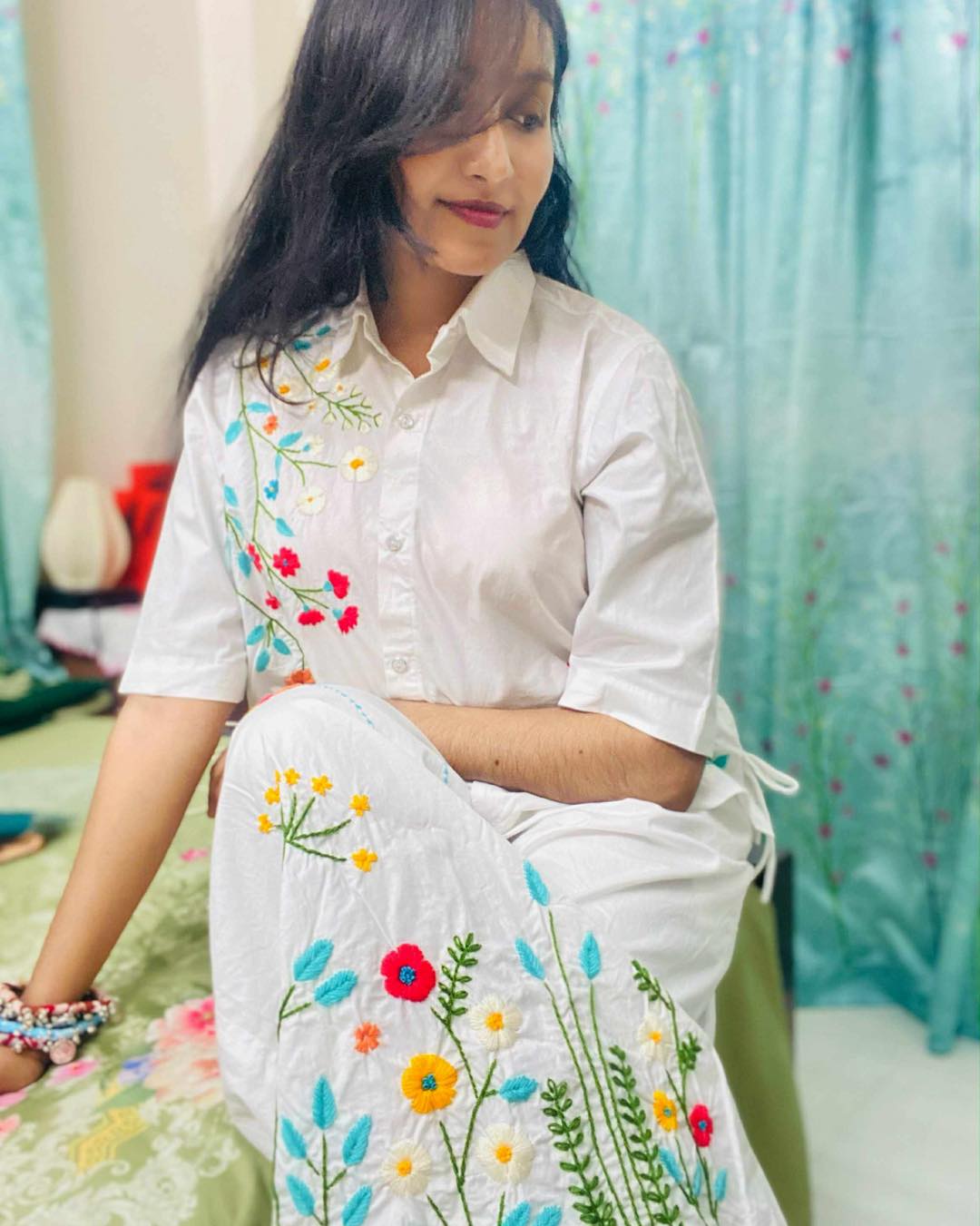 Alpona - Pure Cotton Hand Embroider Wide - Leg Pants