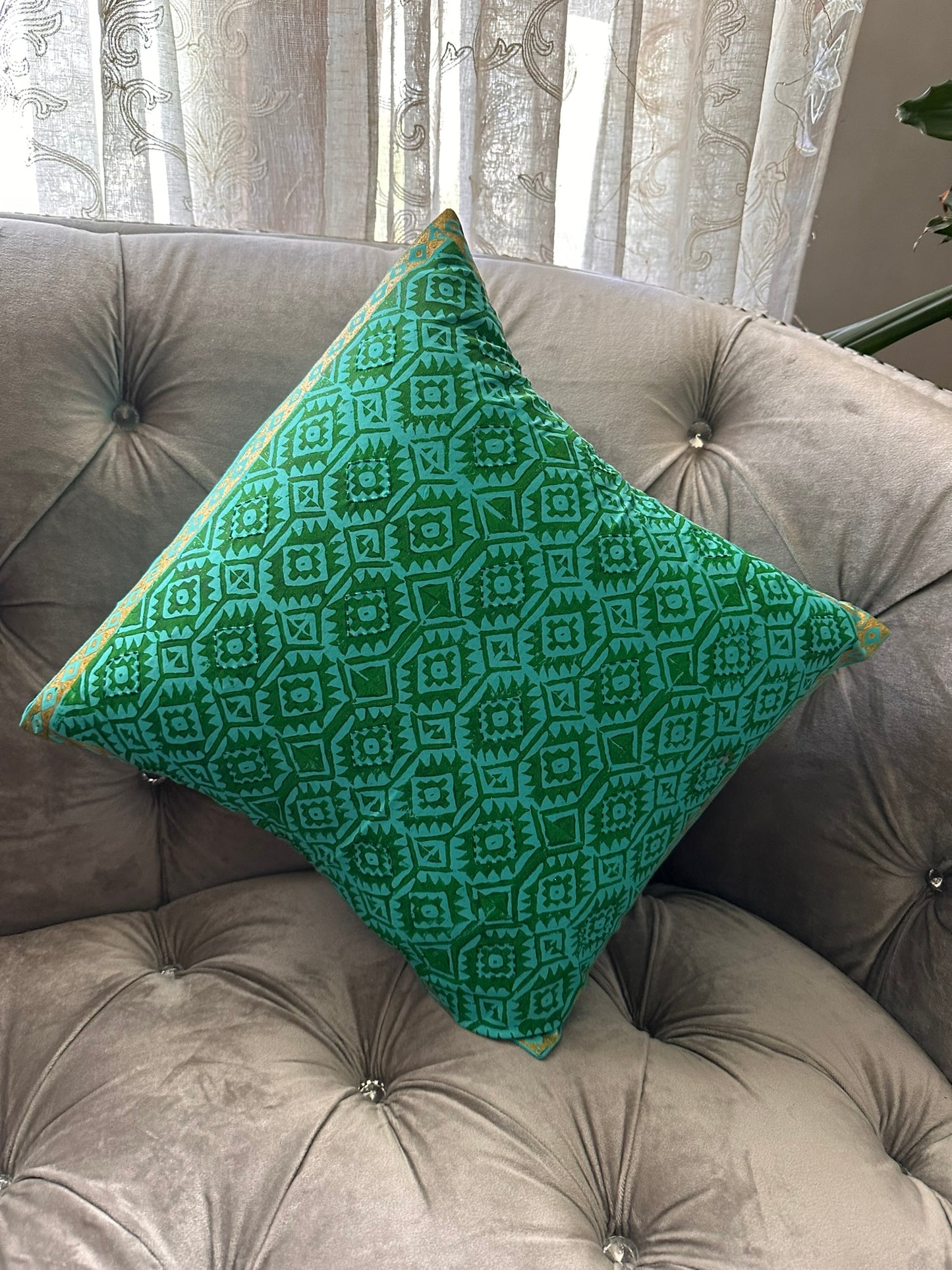 Hand block & Hand Embroidery Cushion Cover