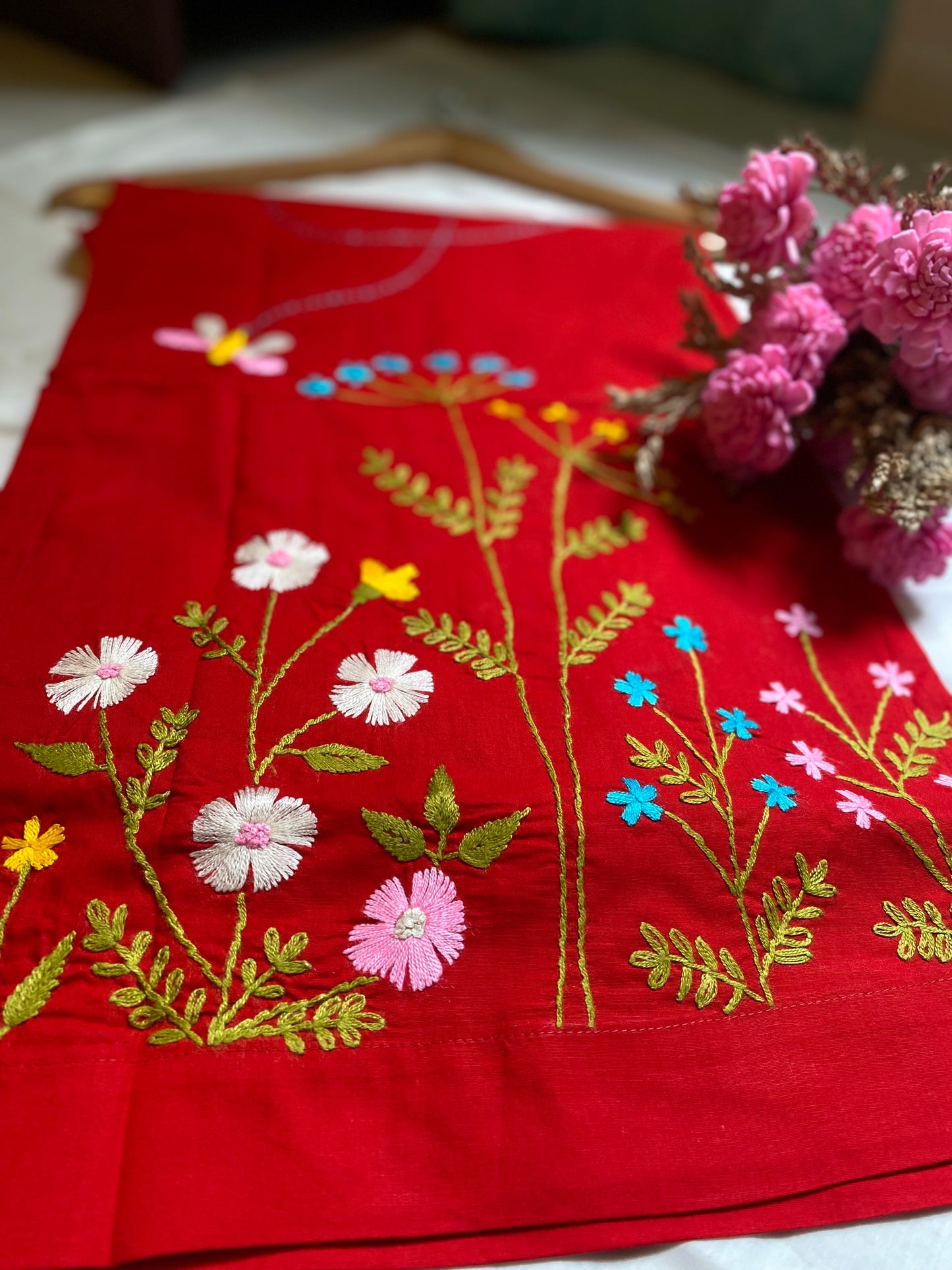 Alpona - Red Pure Cotton Hand Embroider Wide - Leg Pants