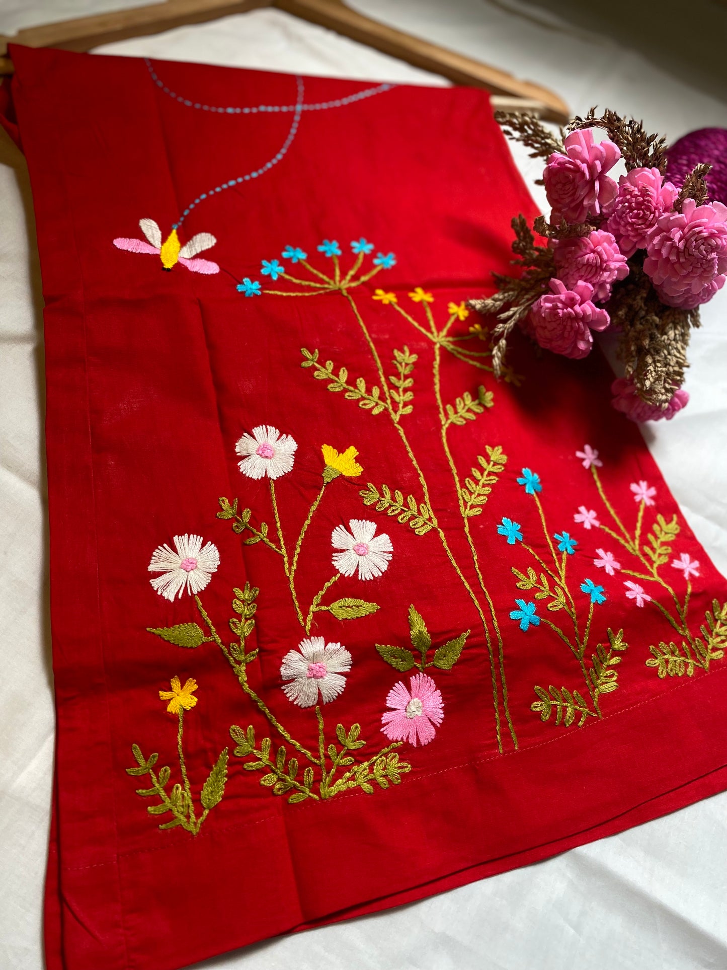 Alpona - Red Pure Cotton Hand Embroider Wide - Leg Pants
