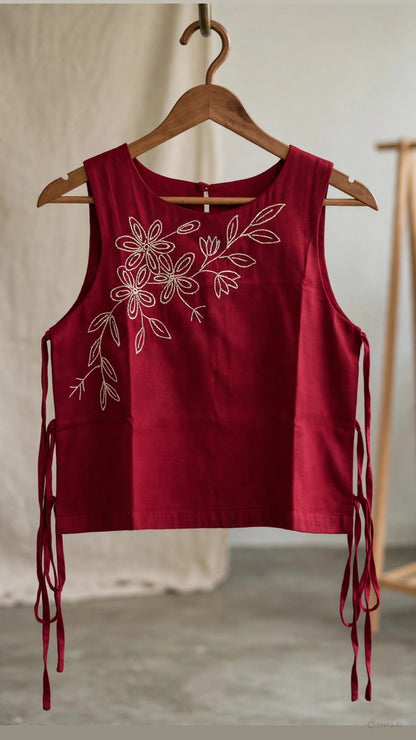 Side Tie Hand-Embroidered Top