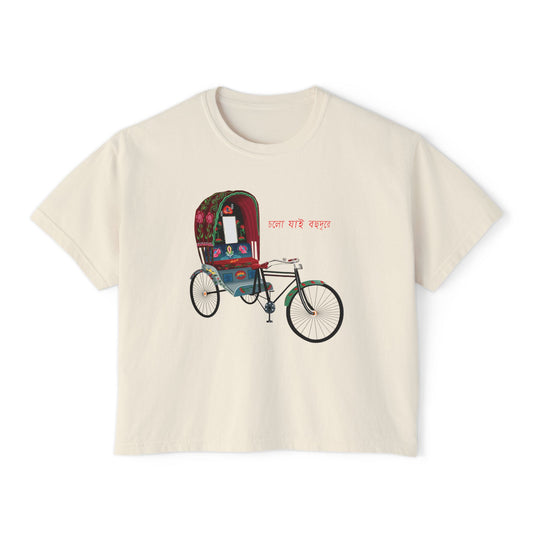 Artistic Women's Boxy Tee with Rickshaw Design