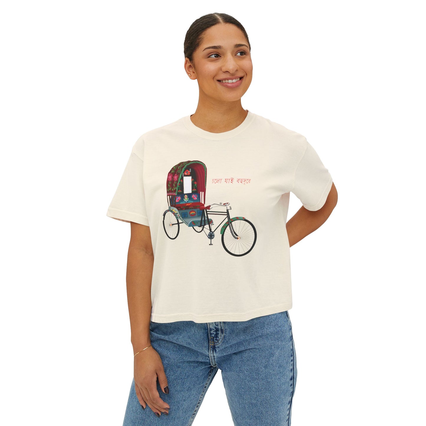 Artistic Women's Boxy Tee with Rickshaw Design