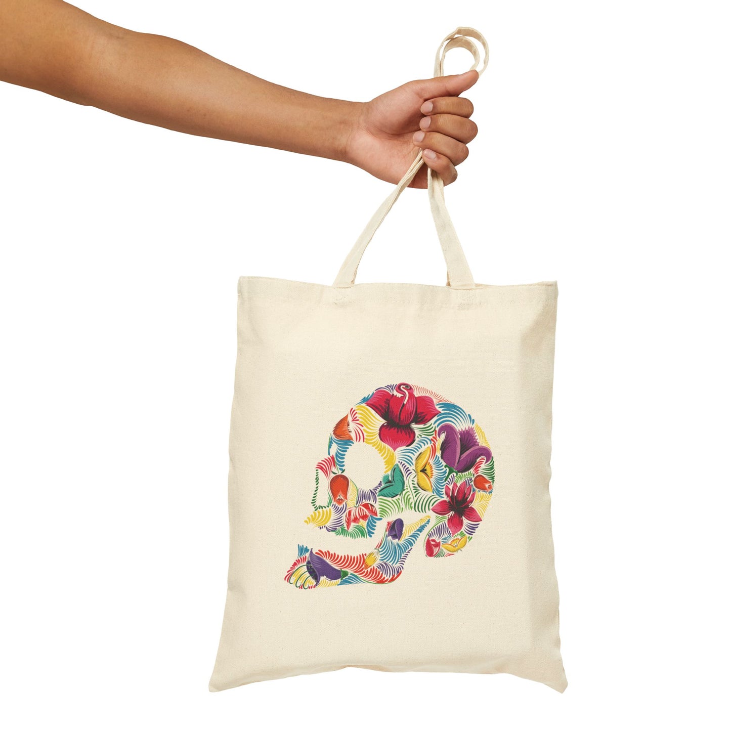 Colorful Floral Skull Cotton Canvas Tote Bag - Eco-Friendly Shopping Essential