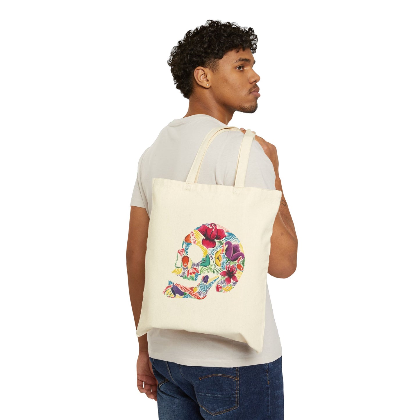 Colorful Floral Skull Cotton Canvas Tote Bag - Eco-Friendly Shopping Essential