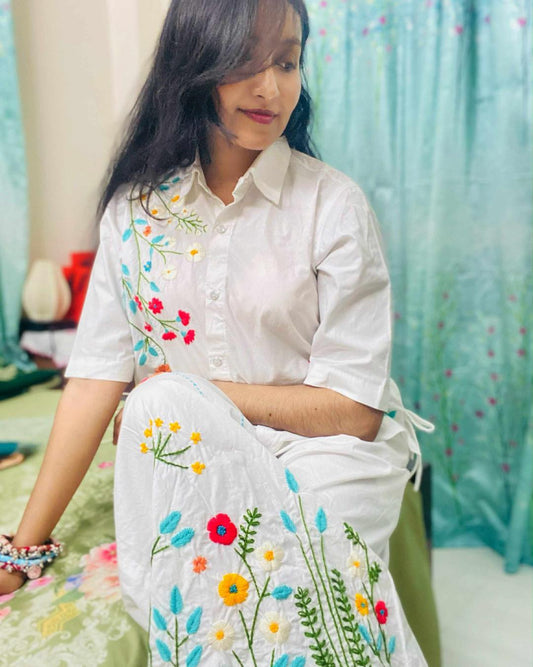 Alpona - Pure Cotton Hand Embroider Wide - Leg Pants