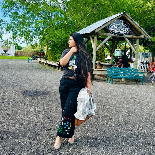 Alpona - Black Pure Cotton Hand Embroider Wide - Leg Pants
