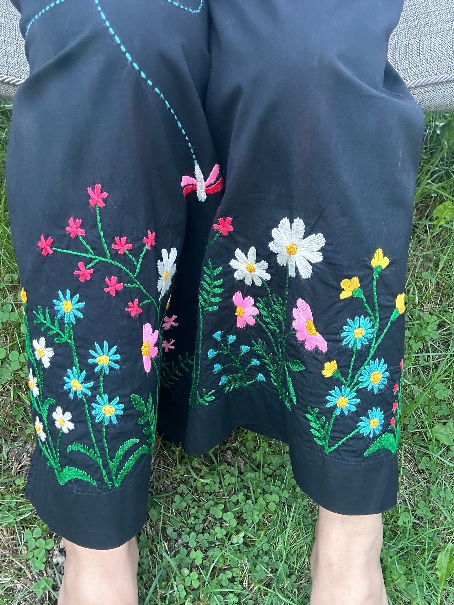 Alpona - Black Pure Cotton Hand Embroider Wide - Leg Pants