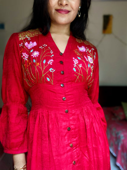 Bashonti - Hand-Embroidered & Hand-Block Printed Dress