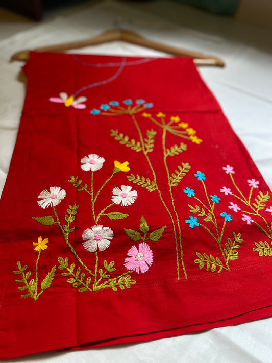 Alpona - Red Pure Cotton Hand Embroider Wide - Leg Pants