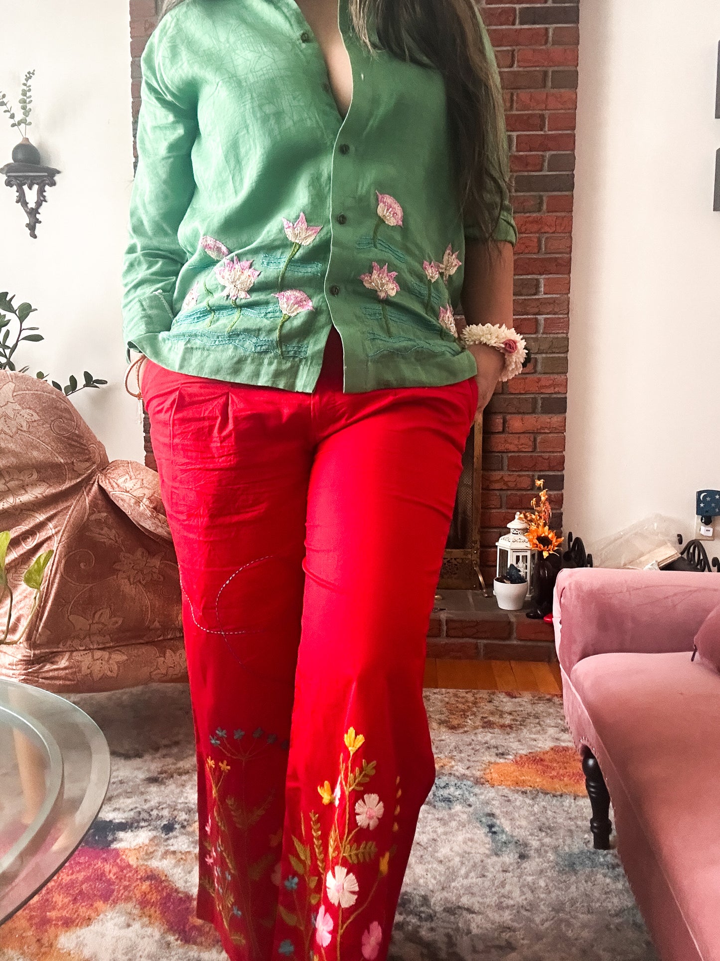 Alpona - Red Pure Cotton Hand Embroider Wide - Leg Pants