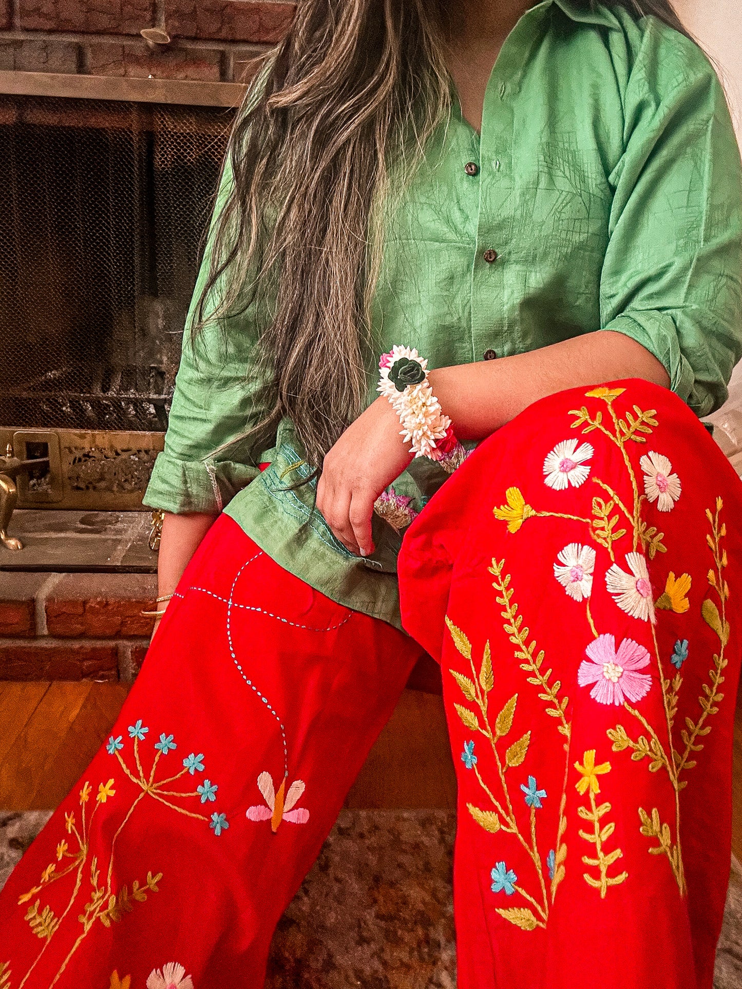 Alpona - Red Pure Cotton Hand Embroider Wide - Leg Pants