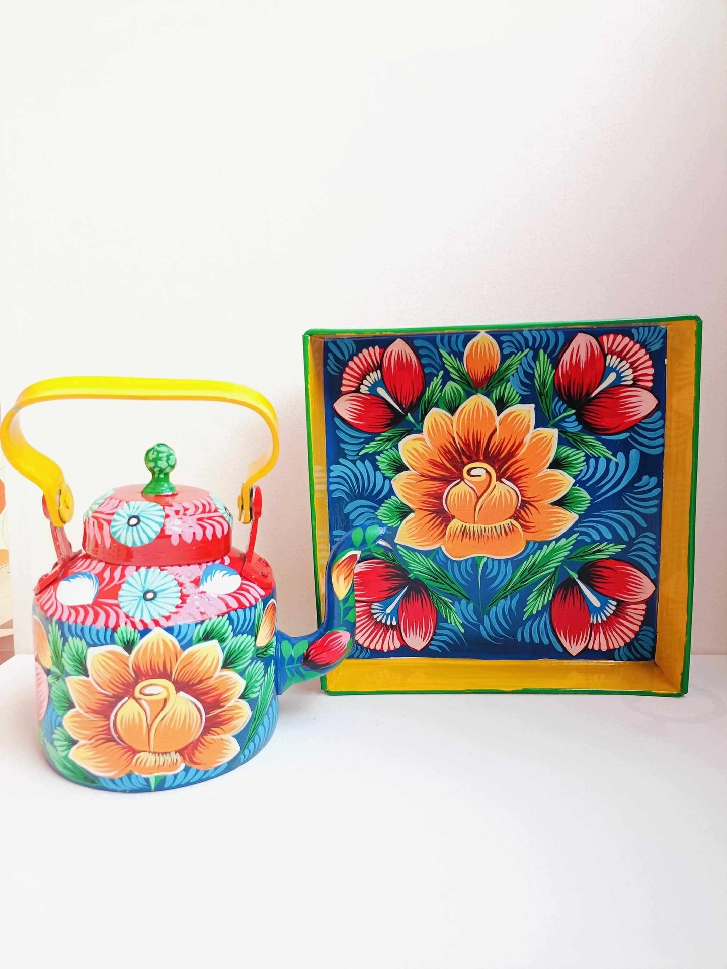 Chai Lover - Rickshaw HandPaint Steel Kettle with Tray Set V4
